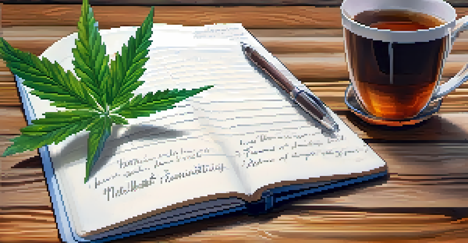 A notebook with notes on marijuana and fertility, alongside a cup of herbal tea and a potted plant on a wooden table.