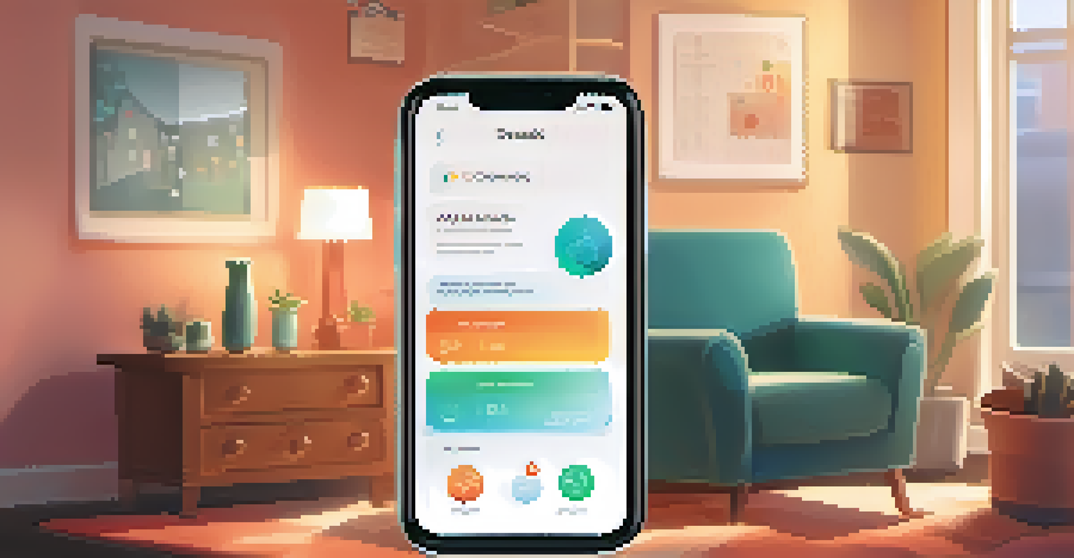 A smartphone displaying a digital health app interface with features for tracking usage, setting goals, and community interaction, set against a cozy living room background.