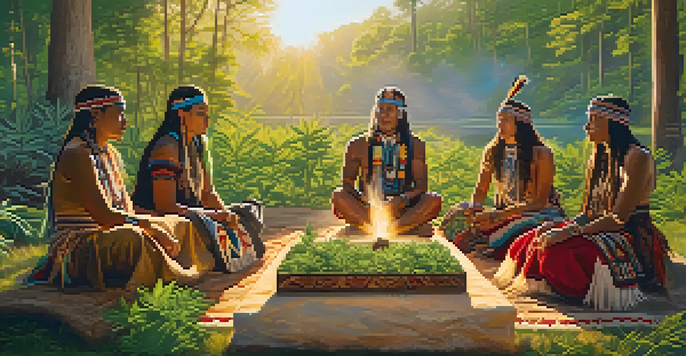 A Native American tribe performing a healing ritual with cannabis in a lush, green outdoor setting, bathed in golden sunlight.