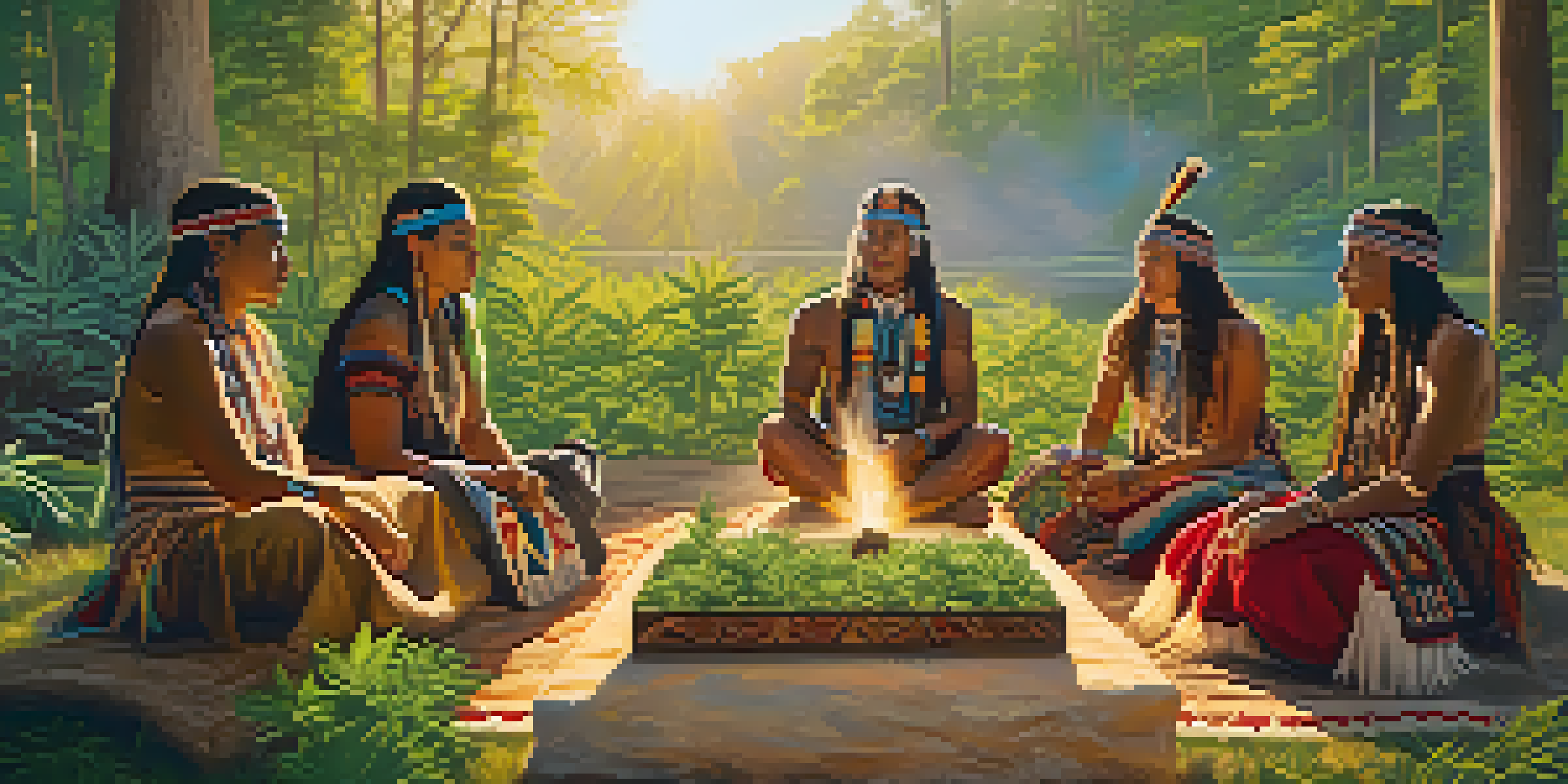 A Native American tribe performing a healing ritual with cannabis in a lush, green outdoor setting, bathed in golden sunlight.