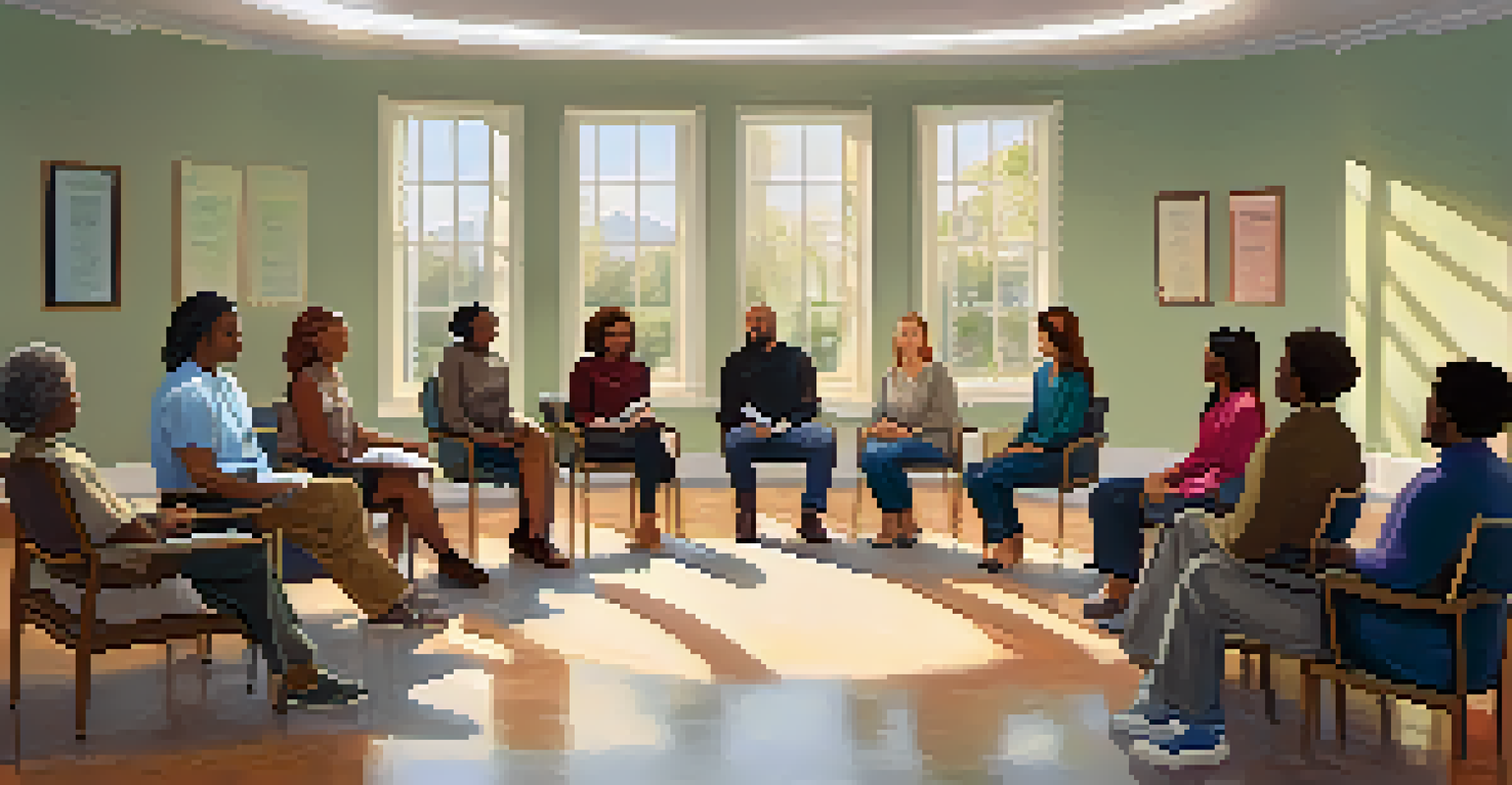 A group therapy session in a calm room with participants sitting in a circle, listening attentively to a facilitator, with inspirational quotes on the walls.