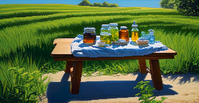 A tranquil picnic scene with jars of natural remedies on a wooden table in a green field under a blue sky.