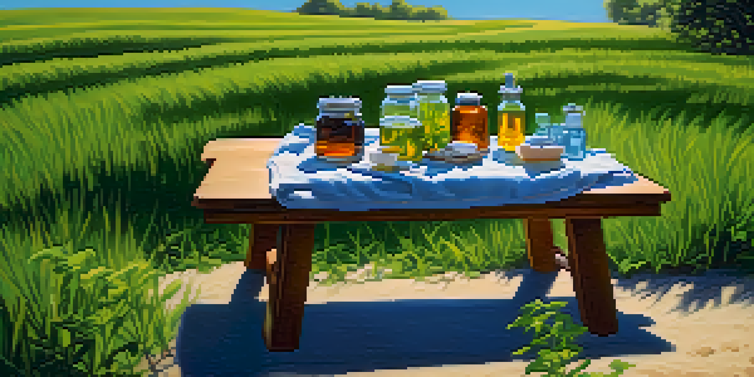 A tranquil picnic scene with jars of natural remedies on a wooden table in a green field under a blue sky.