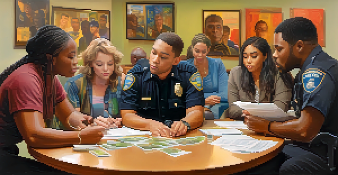 A police officer interacting with community members at a table, discussing legal marijuana use with pamphlets and documents.