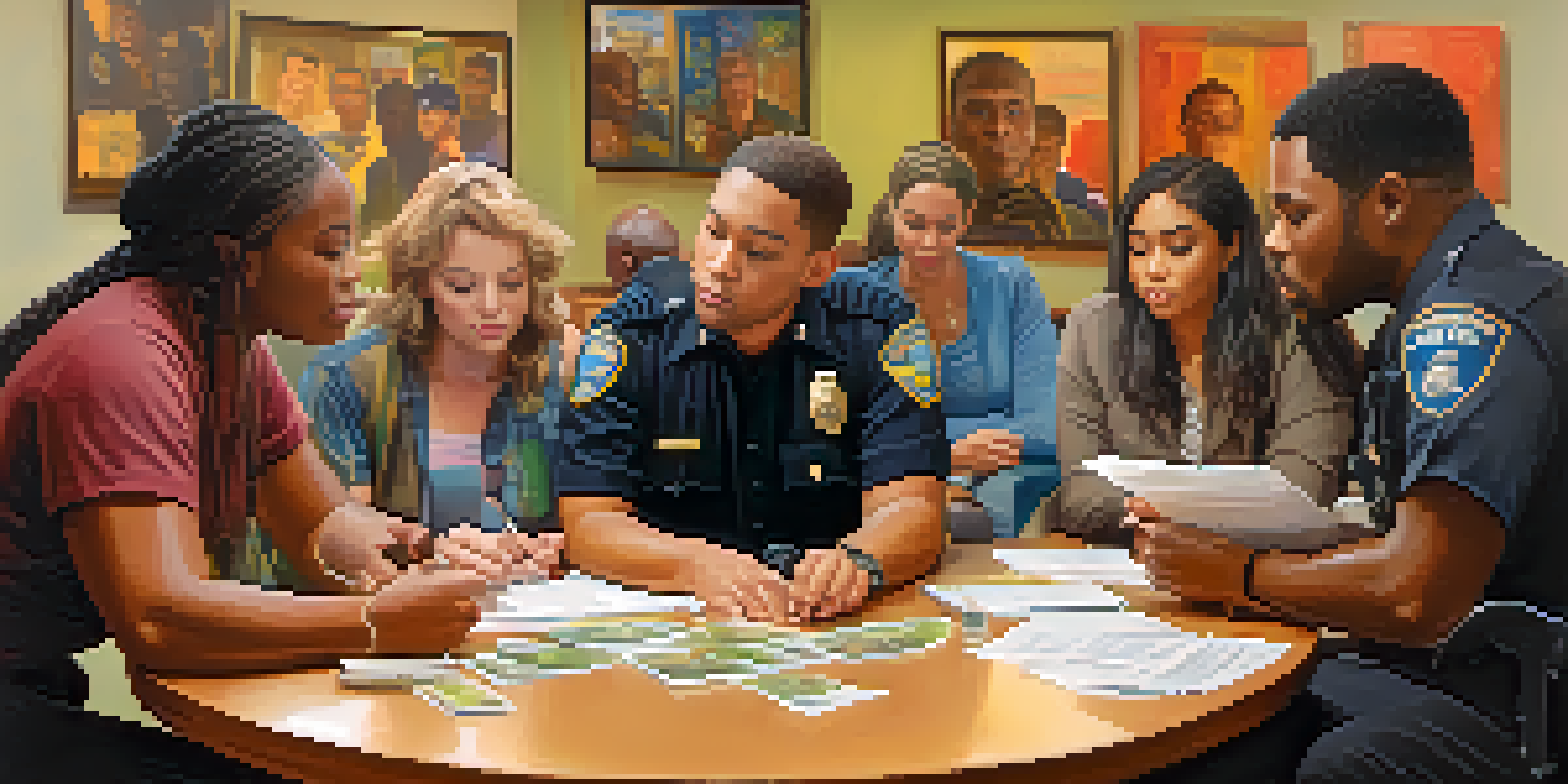 A police officer interacting with community members at a table, discussing legal marijuana use with pamphlets and documents.