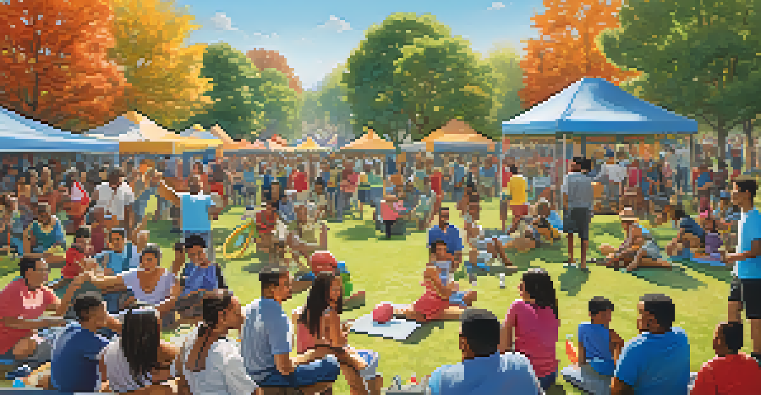 A diverse group of people enjoying a community gathering in a park, participating in art, music, and sports under a clear blue sky.
