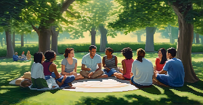 A diverse group of people sitting in a circle in a park, sharing stories and supporting each other, surrounded by greenery and sunlight.