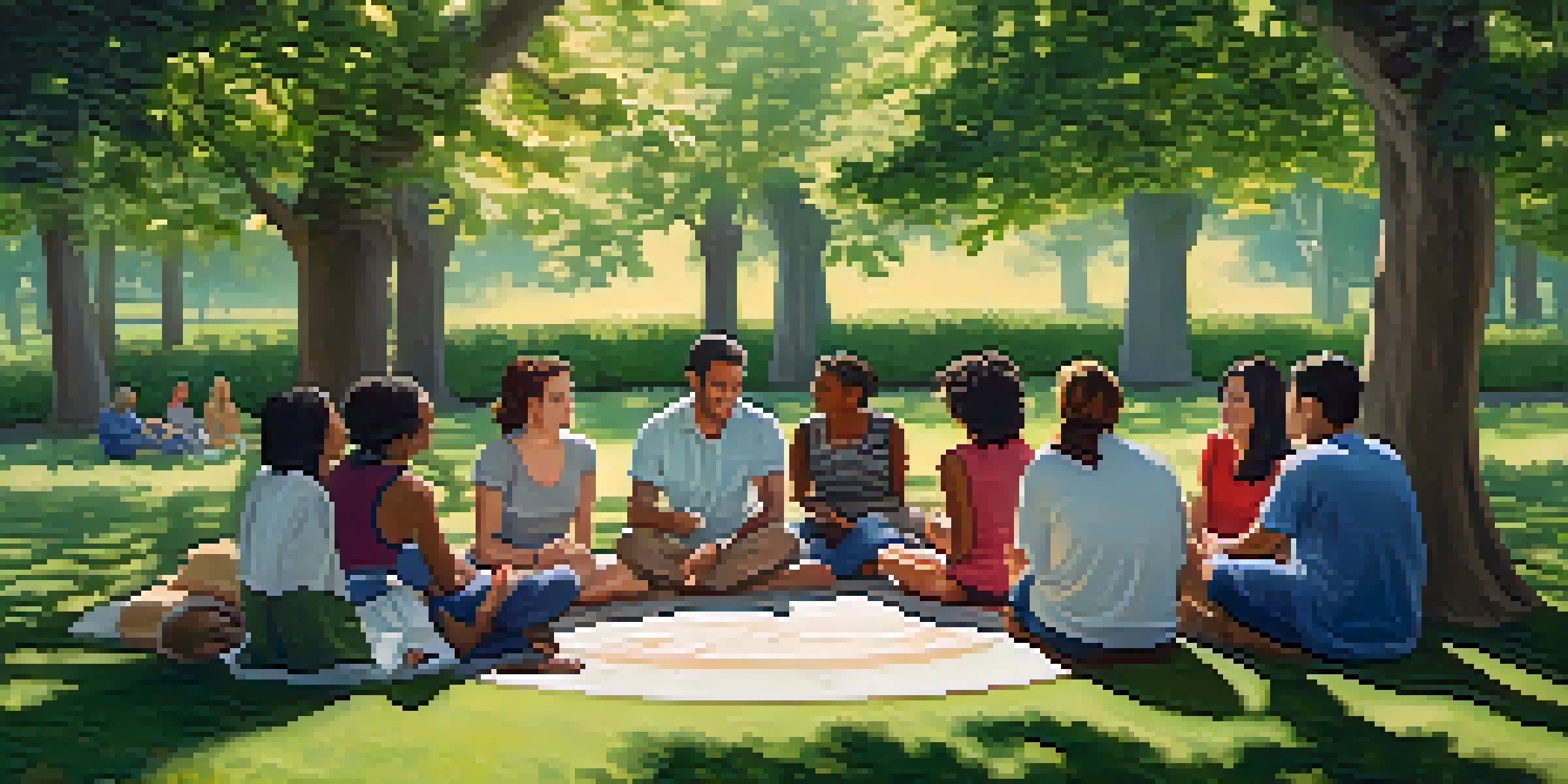 A diverse group of people sitting in a circle in a park, sharing stories and supporting each other, surrounded by greenery and sunlight.