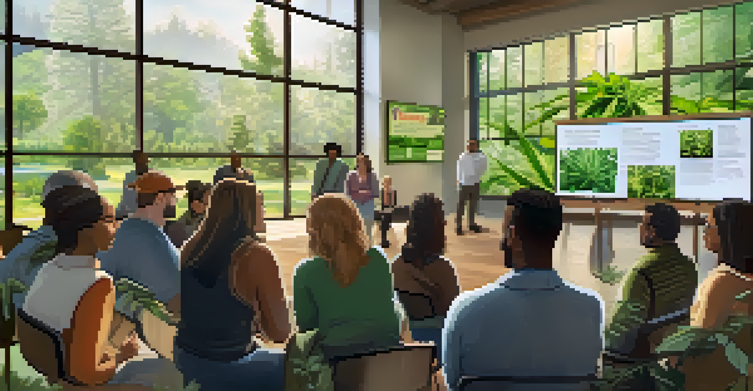 A diverse group of people attending a community meeting about cannabis legalization, with a presentation screen in a well-lit room.