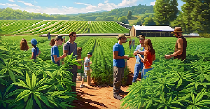 A sunlit cannabis farm with diverse people tending to lush green plants under a clear blue sky.