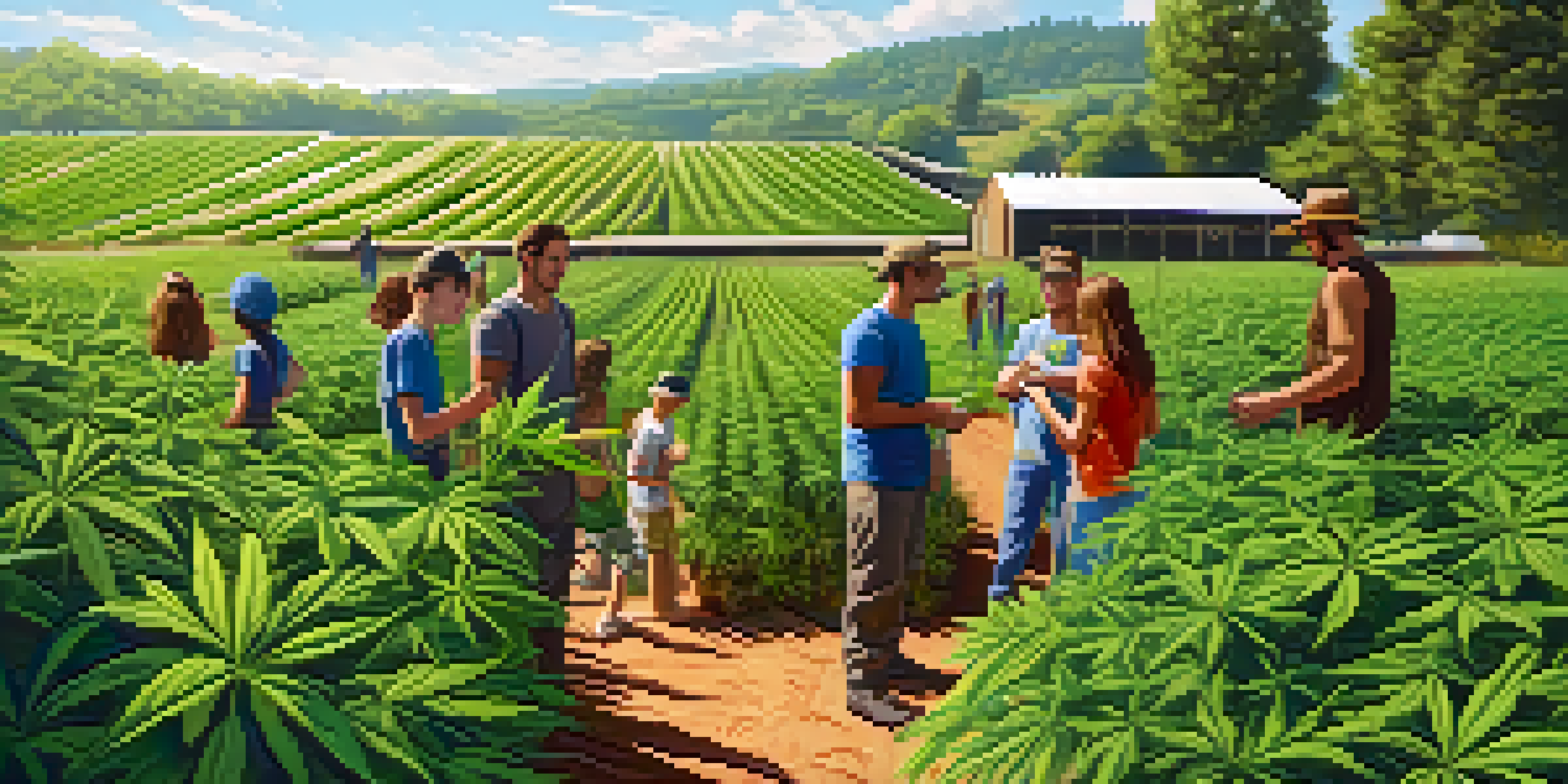 A sunlit cannabis farm with diverse people tending to lush green plants under a clear blue sky.