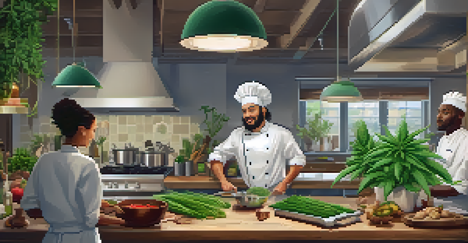 A chef leading a cannabis-infused cooking class with participants engaged in a cozy kitchen environment.