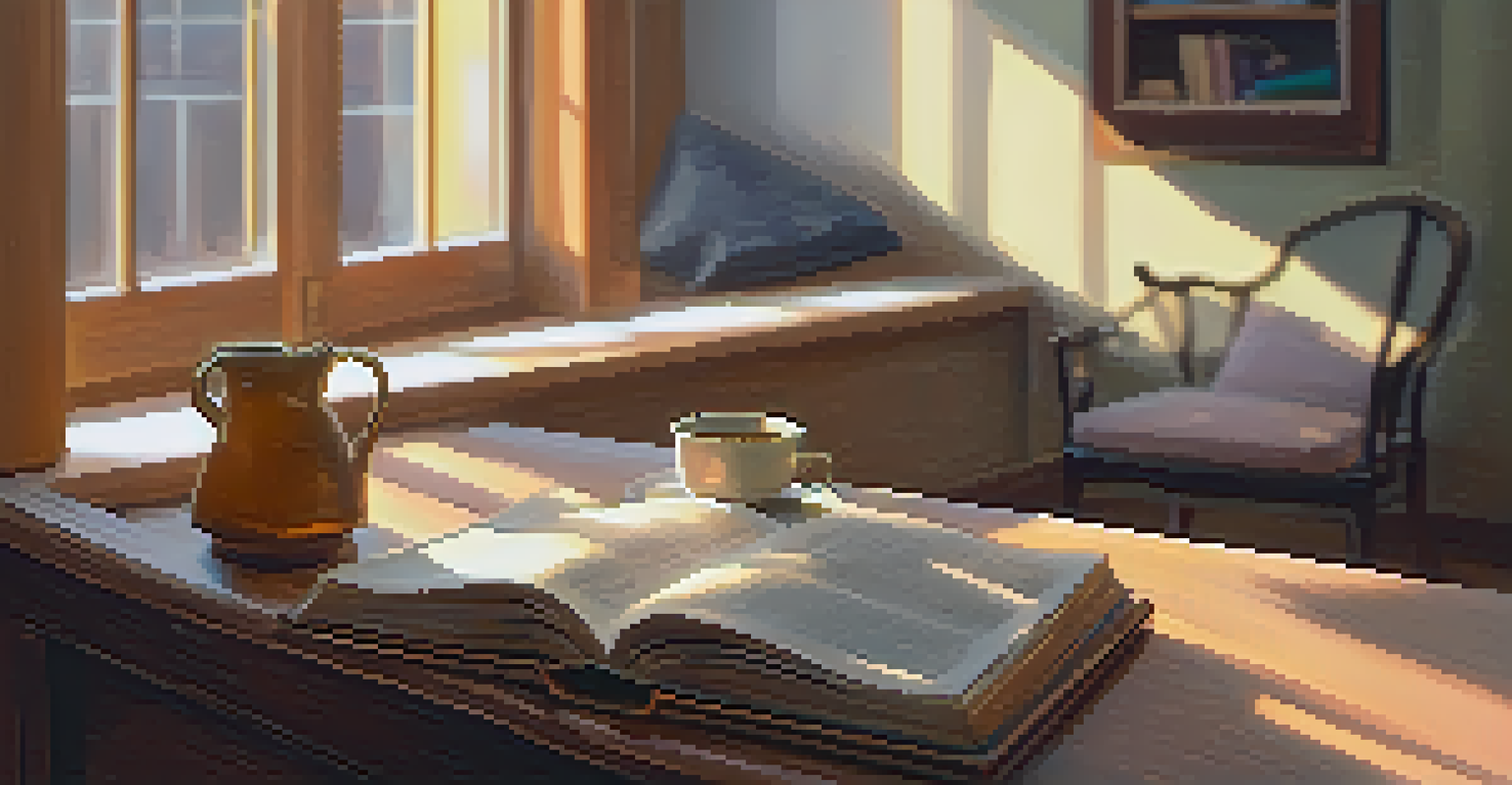 A cozy reading nook with an open book, tea, and sunlight.