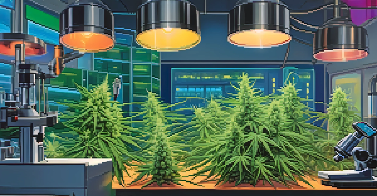 A close-up of researchers examining cannabis samples under a microscope in a laboratory, highlighting the structure and textures of the plant.
