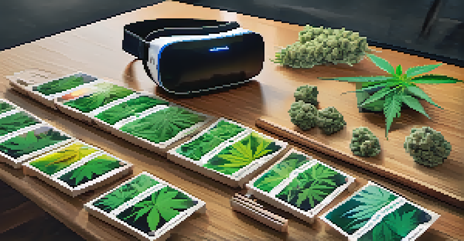 A close-up of different cannabis strains on a table with a VR headset and controllers in the background.