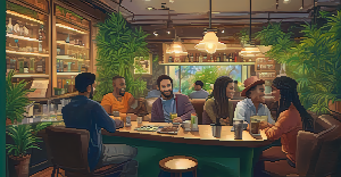 A lively café atmosphere with diverse people enjoying cannabis, featuring warm lighting and comfortable seating.