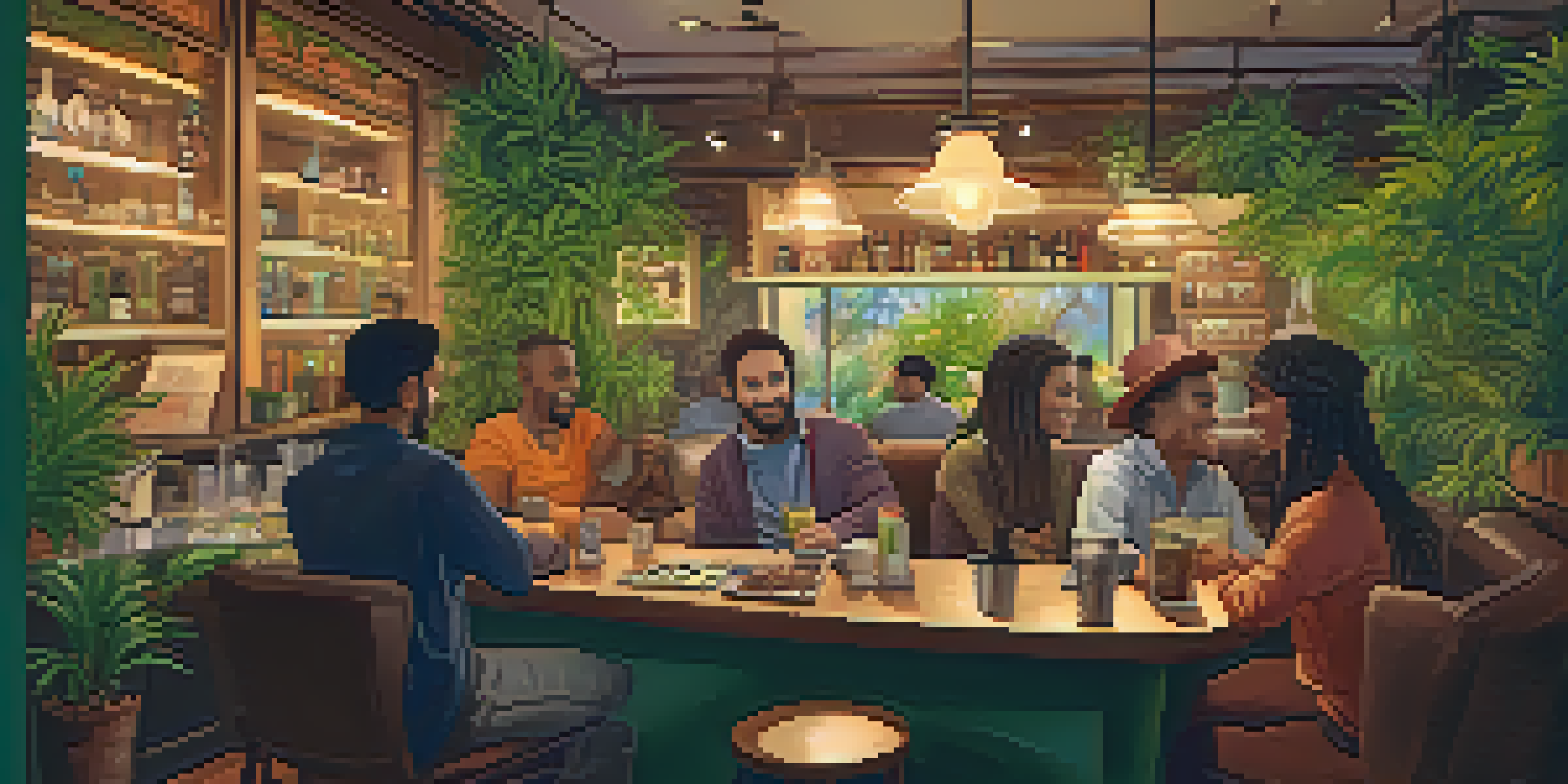A lively café atmosphere with diverse people enjoying cannabis, featuring warm lighting and comfortable seating.