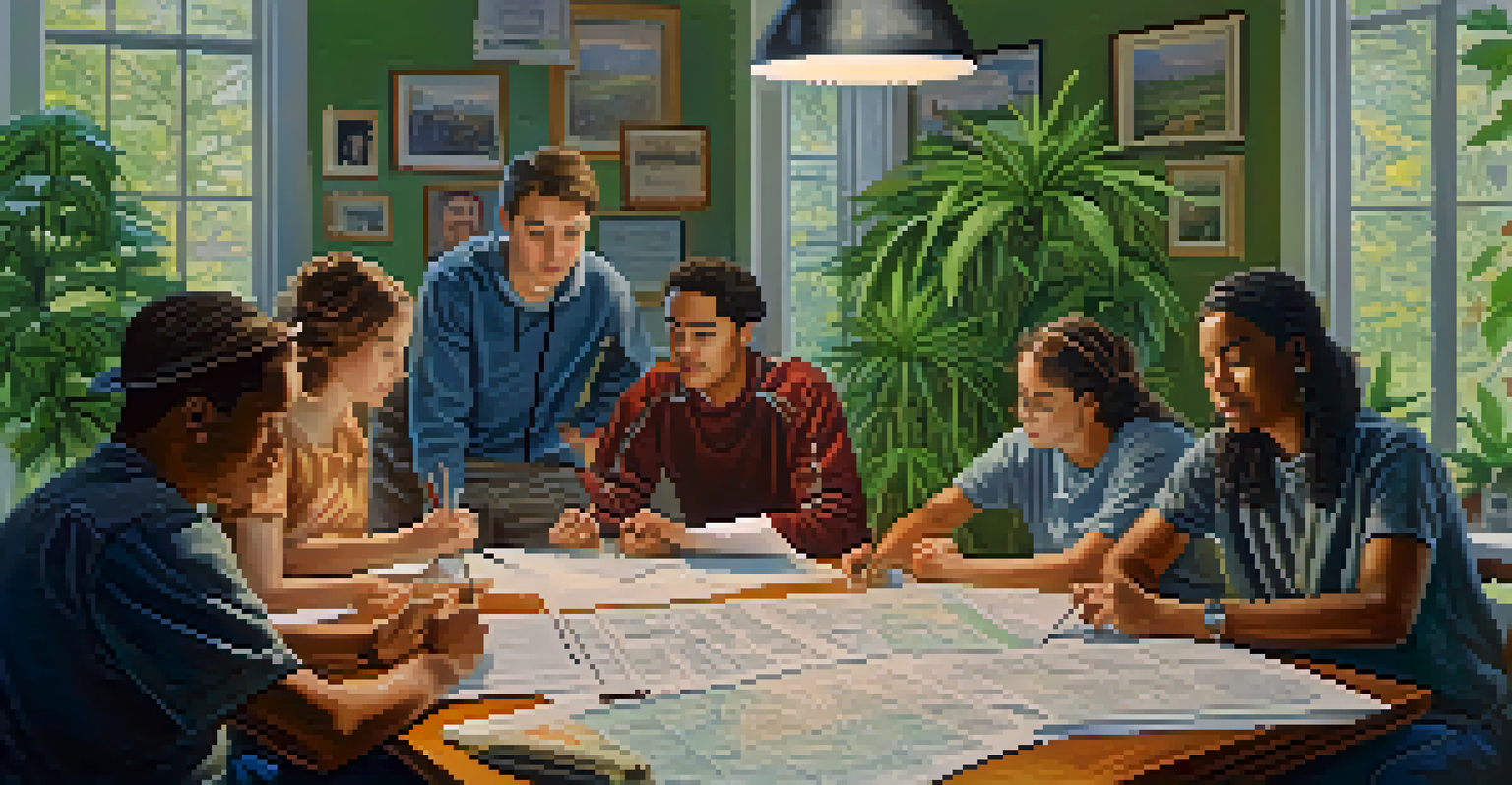 A diverse group of individuals engaged in discussion around a table, examining documents about marijuana legalization in a bright educational environment.