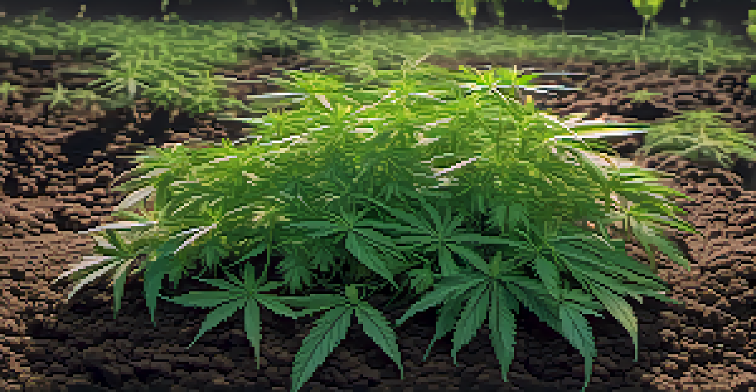 Close-up of cannabis plants with healthy soil, clover roots, and beneficial insects like ladybugs.