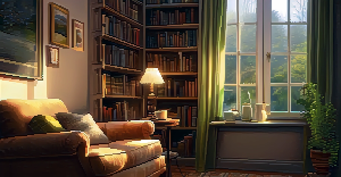A cozy room with an armchair, a steaming cup of tea on a table, and a bookshelf, with a window showing a rainy day outside.