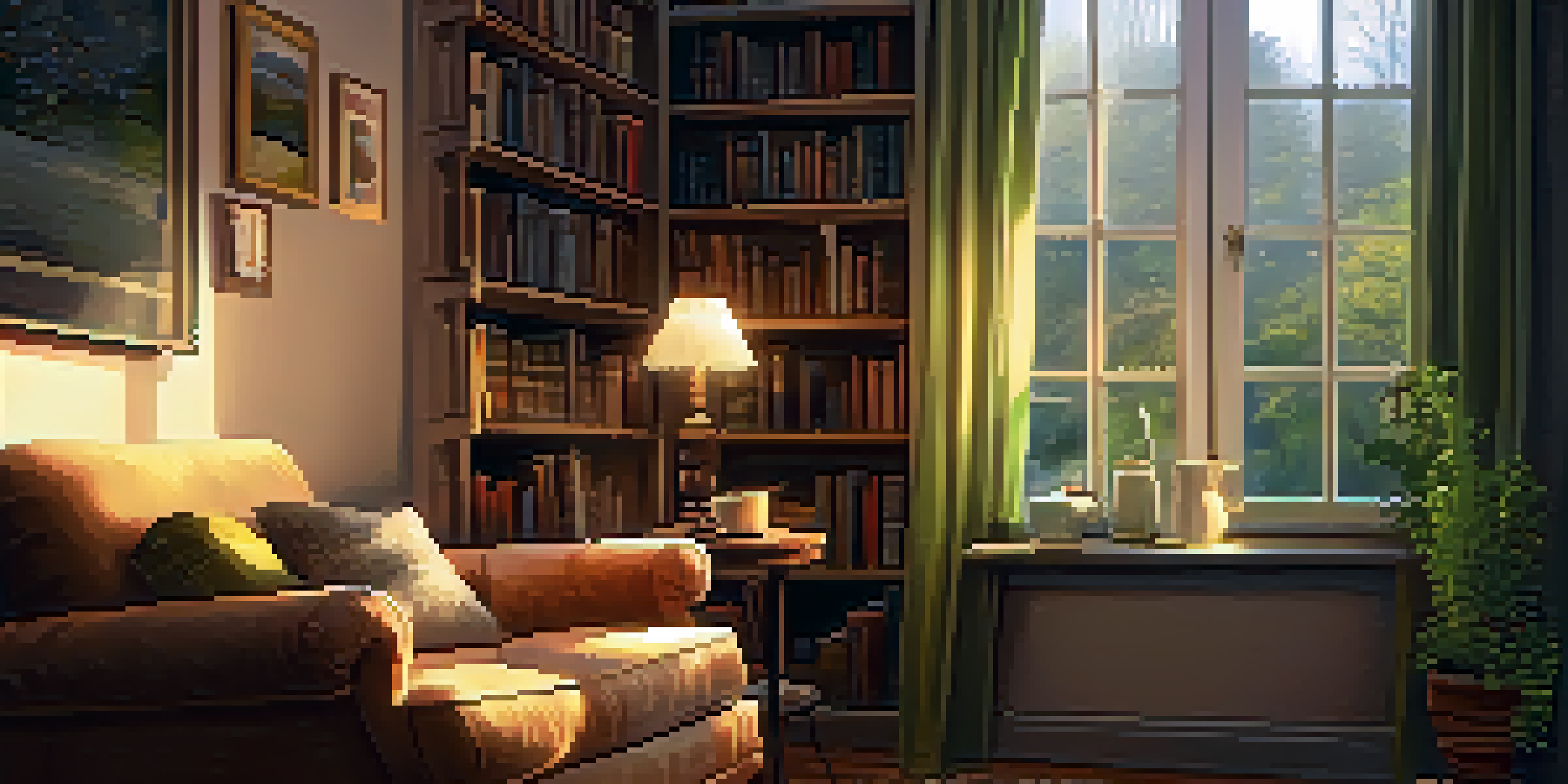A cozy room with an armchair, a steaming cup of tea on a table, and a bookshelf, with a window showing a rainy day outside.