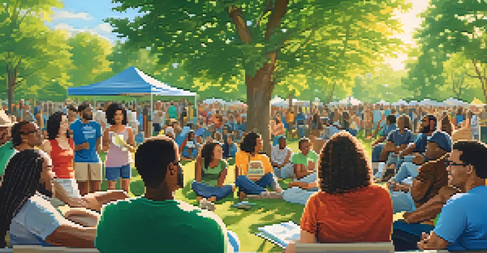 A diverse group of people in a park discussing social equity in marijuana legalization, surrounded by greenery and colorful banners.
