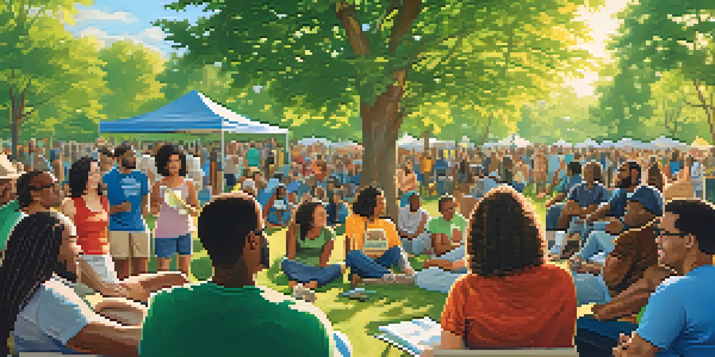 A diverse group of people in a park discussing social equity in marijuana legalization, surrounded by greenery and colorful banners.
