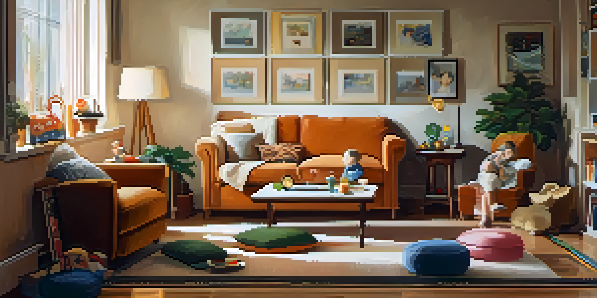 A relaxed parent in a cozy living room, engaged in conversation with a child, surrounded by toys and warm lighting.