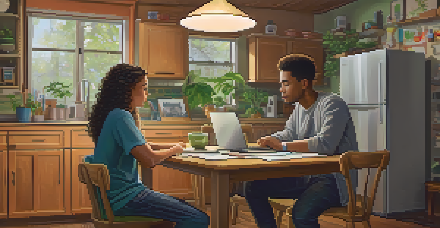 A parent and teenager having a serious discussion at a kitchen table, surrounded by educational materials on marijuana.