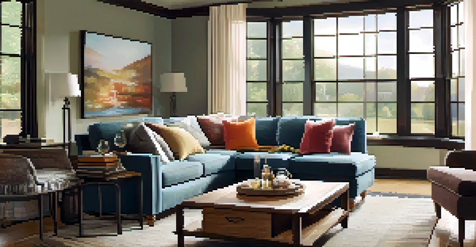 A cozy living room with a sofa, colorful pillows, and a coffee table with tea, illuminated by natural light.