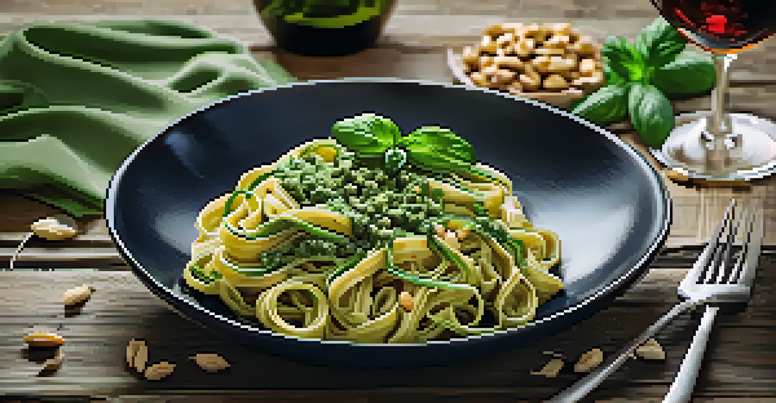 A plate of cannabis-infused pasta with pesto sauce, garnished with pine nuts and basil, on a rustic wooden table.