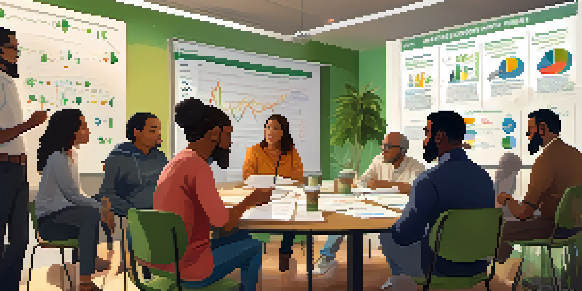 A group of diverse people engaged in a discussion about disaster preparedness, surrounded by charts related to marijuana use.