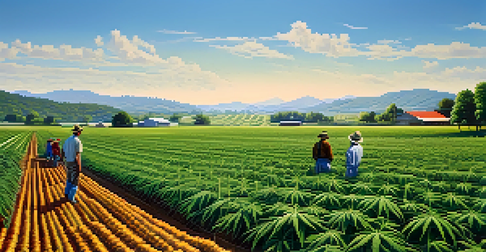 A vibrant marijuana farm with green cannabis plants and farmers working, set against a backdrop of hills and traditional crops.