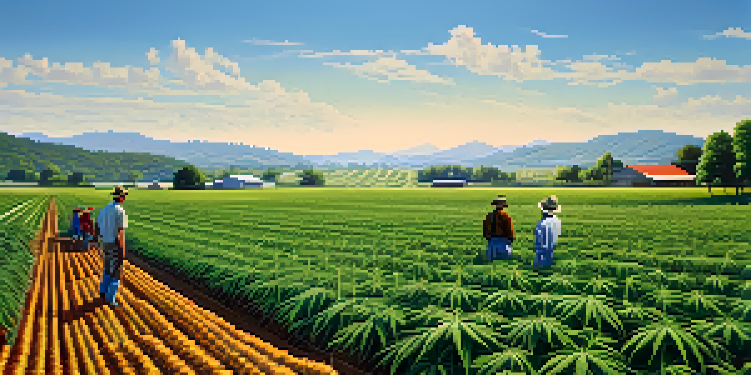 A vibrant marijuana farm with green cannabis plants and farmers working, set against a backdrop of hills and traditional crops.