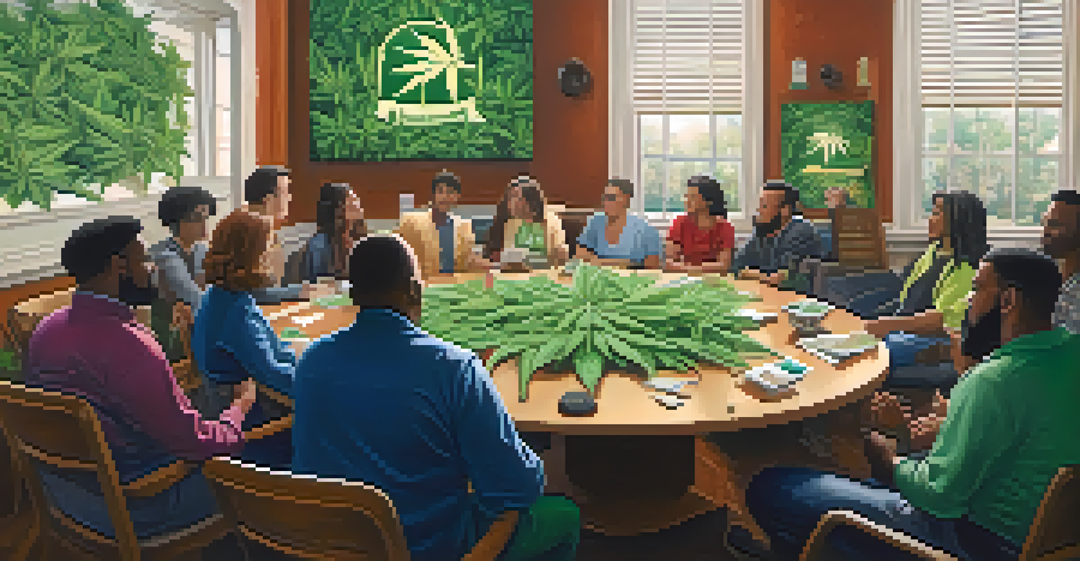 A community meeting with diverse participants discussing marijuana policy reform around a round table, with posters displayed in the room.