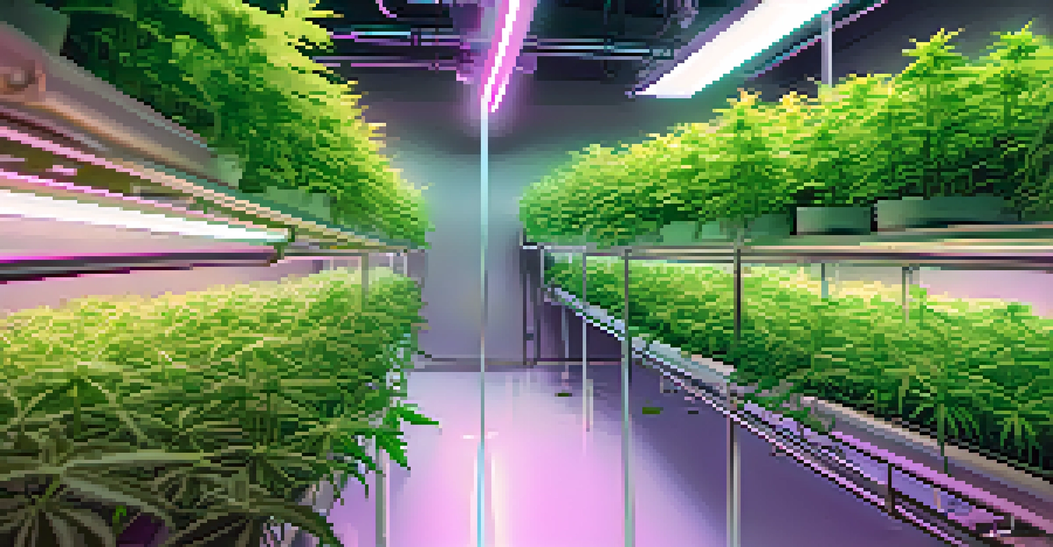 An indoor hydroponics system for cannabis cultivation, illuminated by LED lights, showcasing sustainable growing practices.