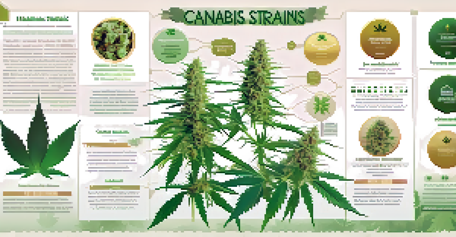 An educational infographic displaying various cannabis strains and their characteristics.