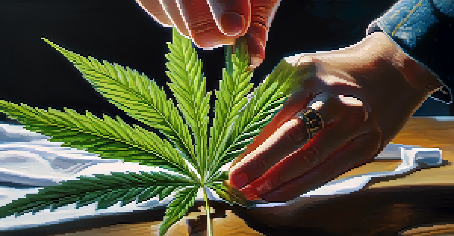 A close-up of hands examining a cannabis leaf, highlighting its texture and color.