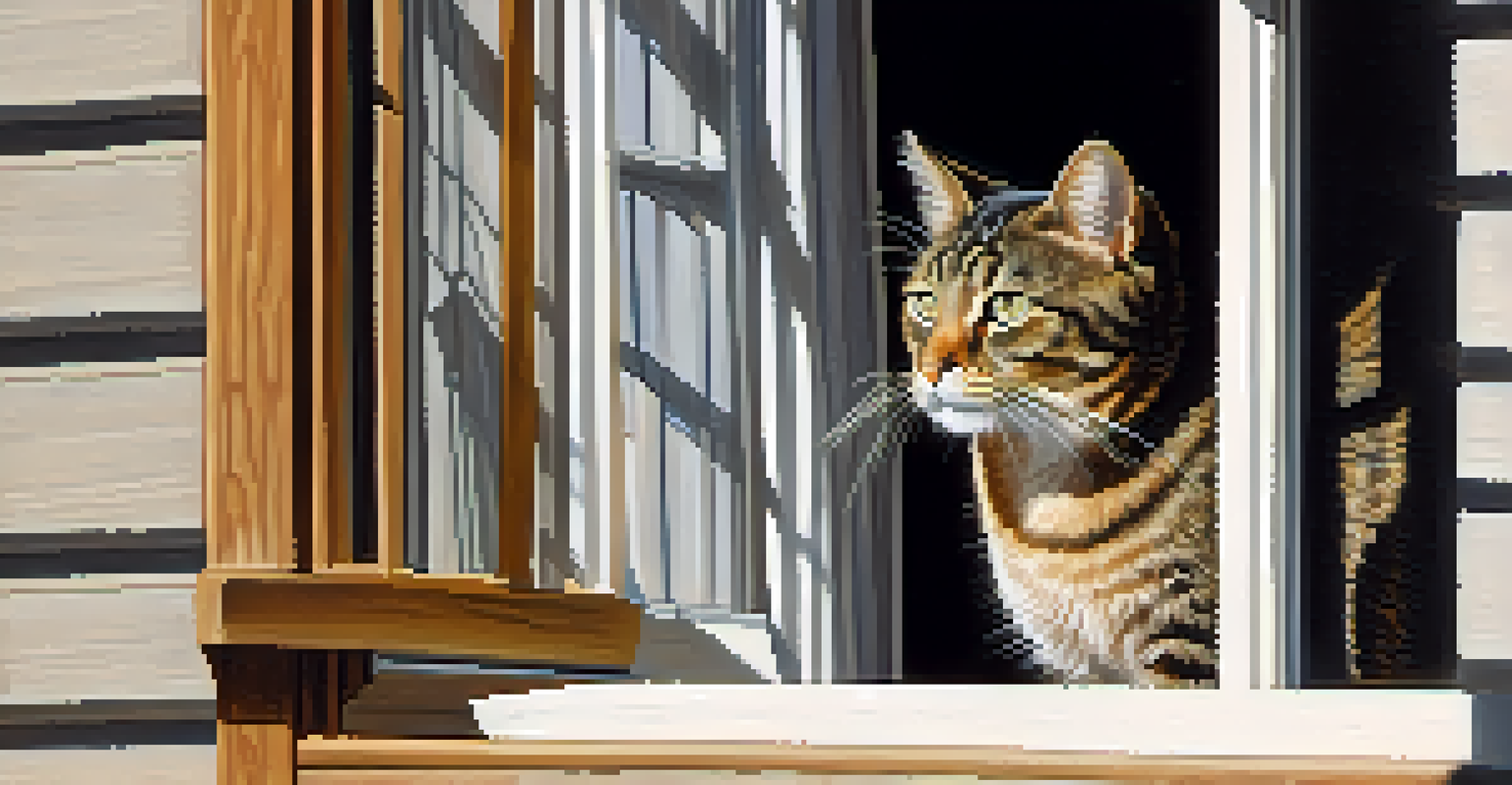 A curious cat looking out of a window with sunlight highlighting its fur.