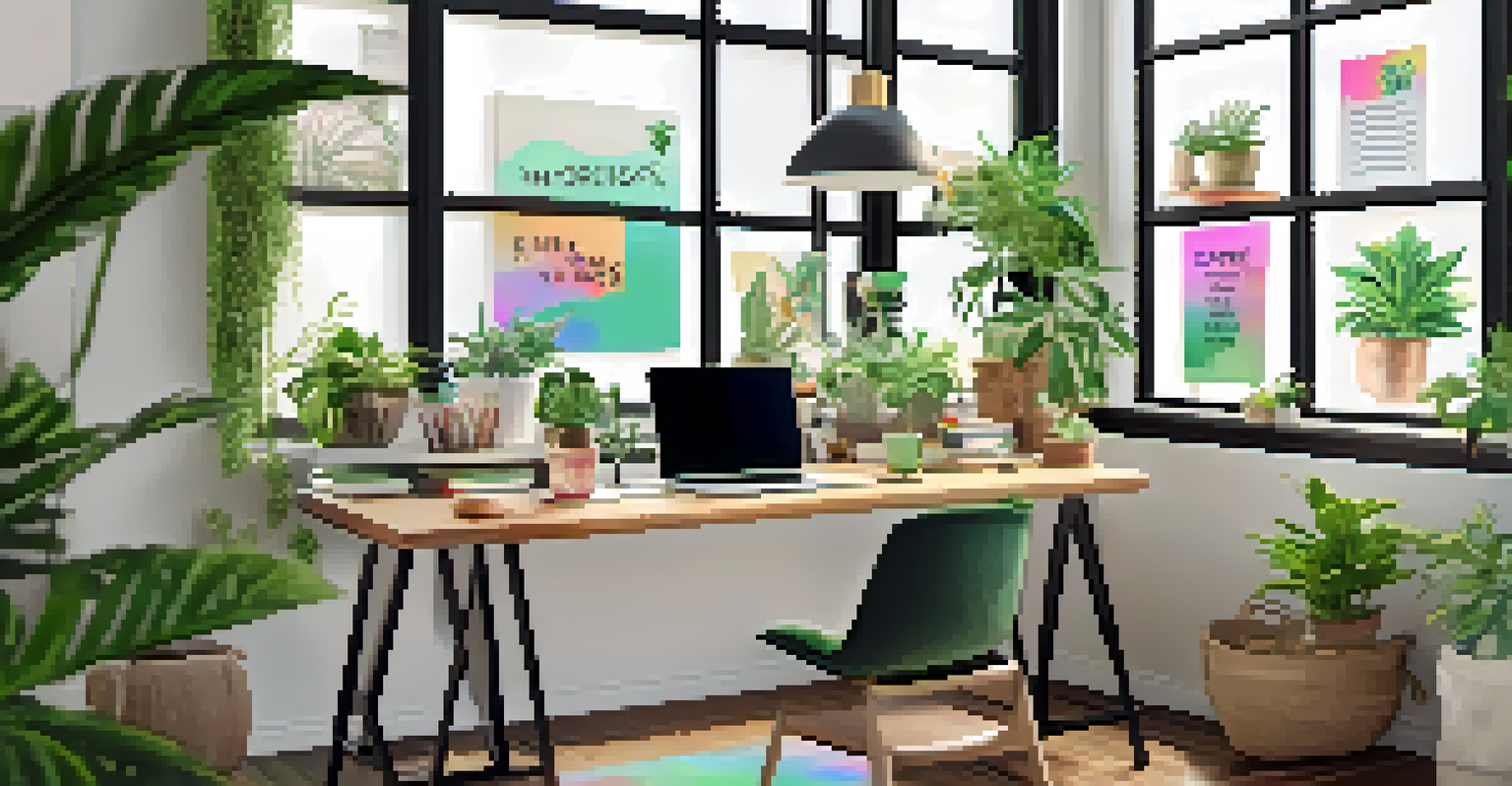 A stylish workspace of an influencer with a laptop showing cannabis content, plants, and motivational decor, illuminated by natural light.