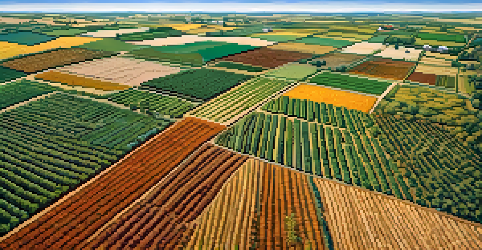 Aerial view of a field with alternating rows of marijuana and other crops in a patchwork pattern.