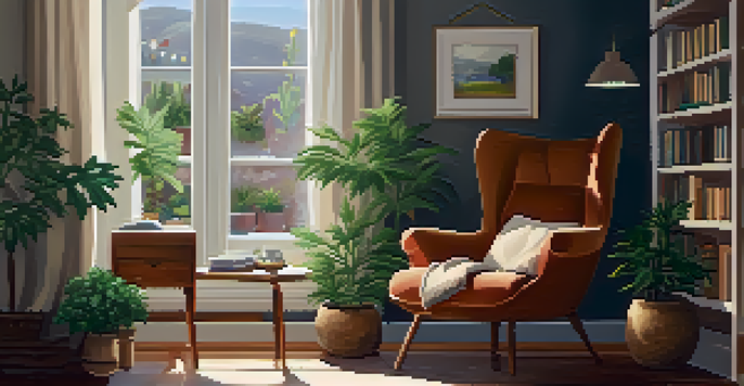 A cozy reading nook with a person reading a book, a cannabis plant on a side table, and soft ambient lighting.