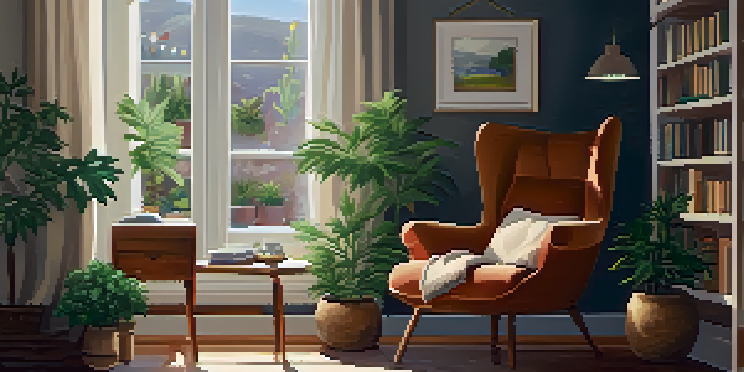 A cozy reading nook with a person reading a book, a cannabis plant on a side table, and soft ambient lighting.