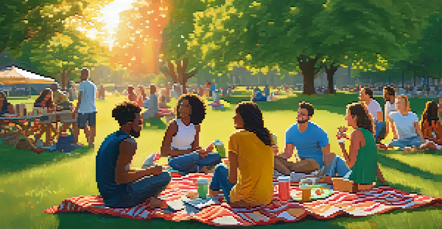 A diverse group of friends sitting on picnic blankets in a park during golden hour, enjoying conversations and snacks.