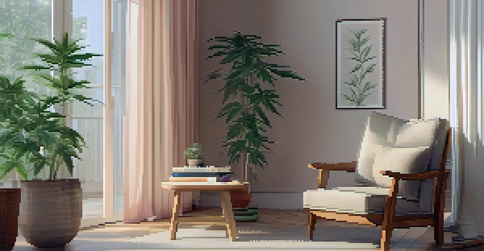 A tranquil indoor space featuring a comfortable chair, soft lighting, and a cannabis plant, evoking a sense of calm and relaxation.