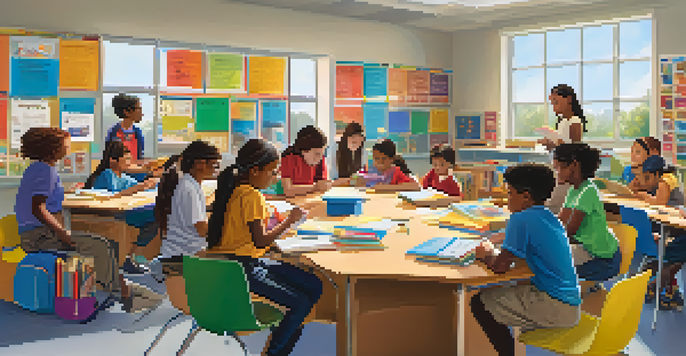 A diverse group of students working together in a colorful classroom, with natural light and educational materials around them.