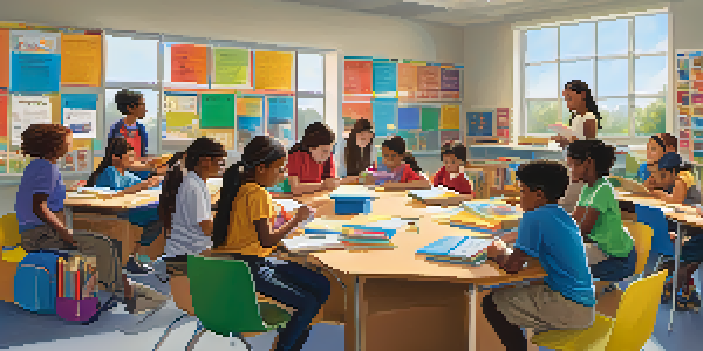 A diverse group of students working together in a colorful classroom, with natural light and educational materials around them.
