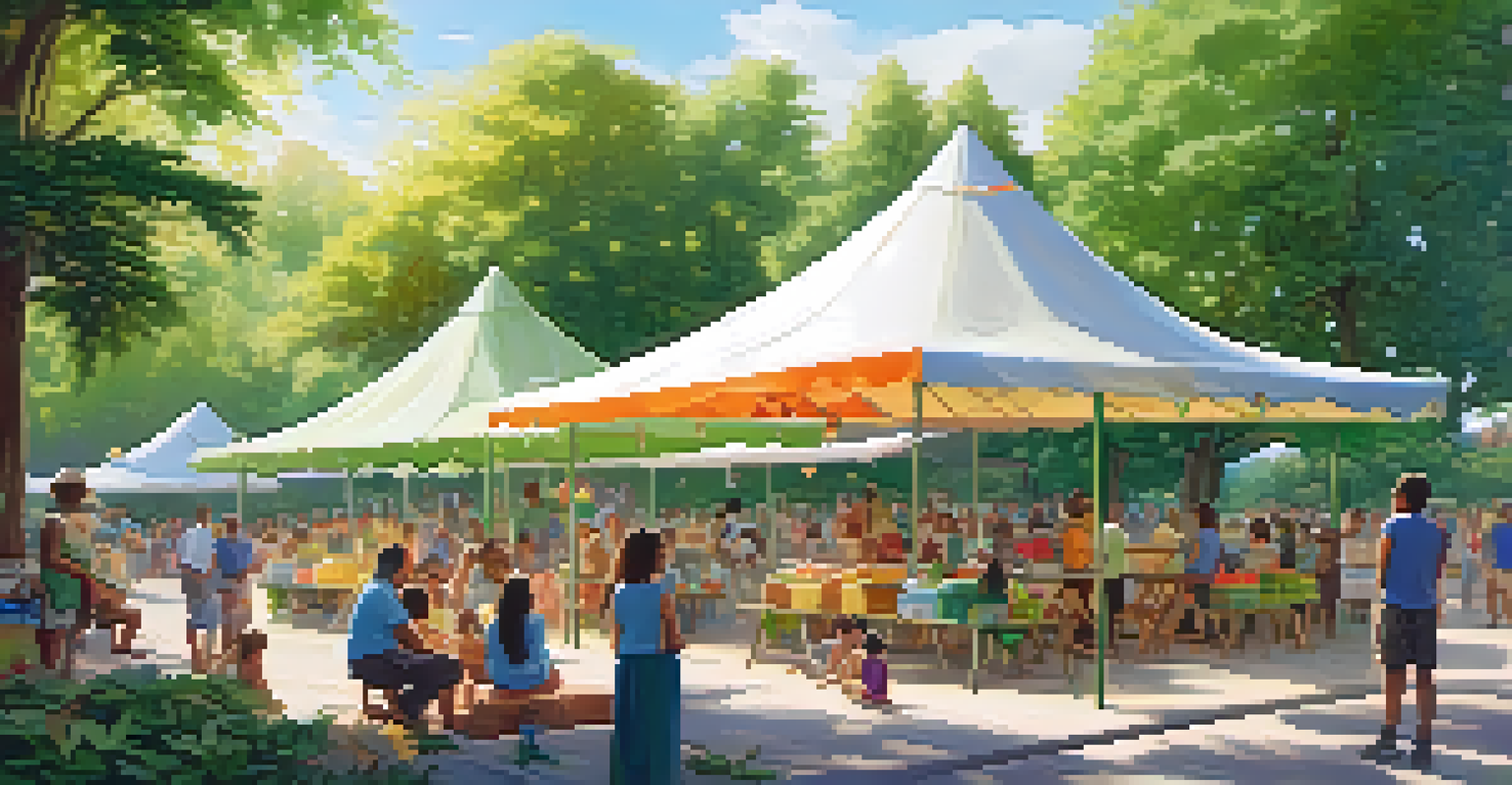 A community gathering in a park with vendors selling cannabis products, surrounded by families and greenery on a sunny day.