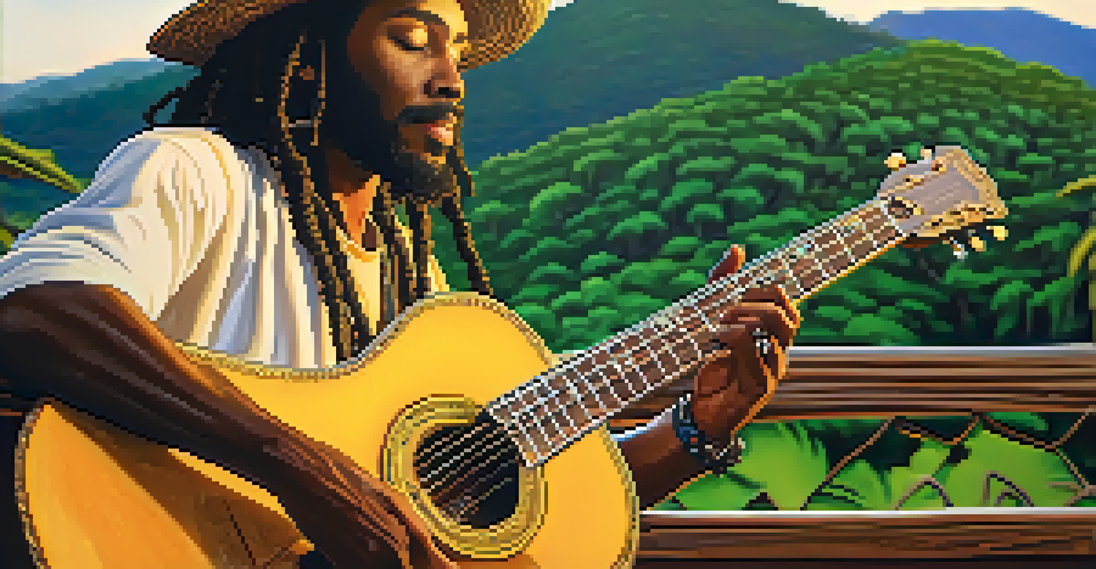 A reggae artist holding a guitar on a wooden porch with Jamaican hills in the background, capturing a peaceful and serene moment.