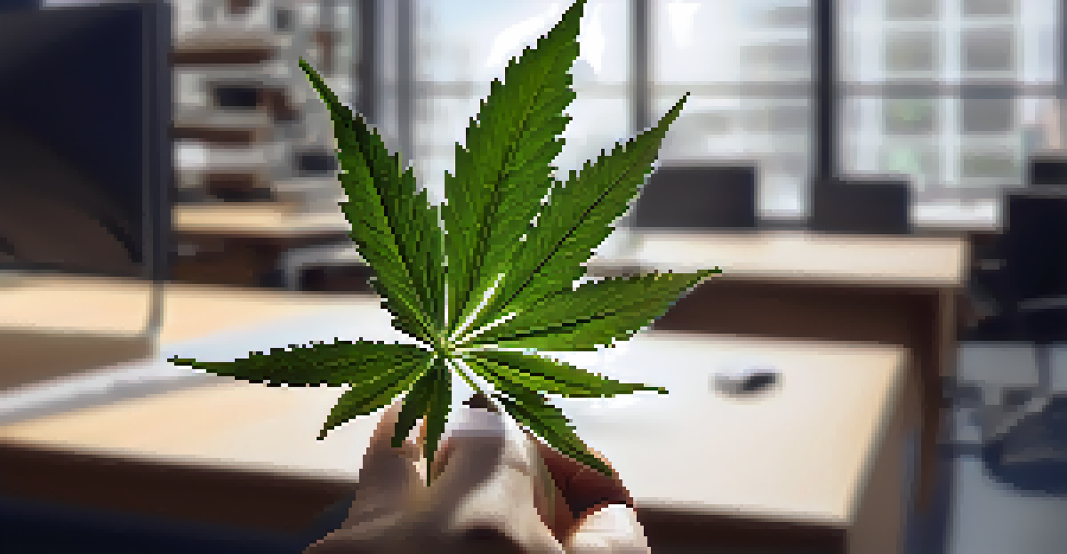 A close-up of a cannabis leaf held in a hand with an office background blurred out.